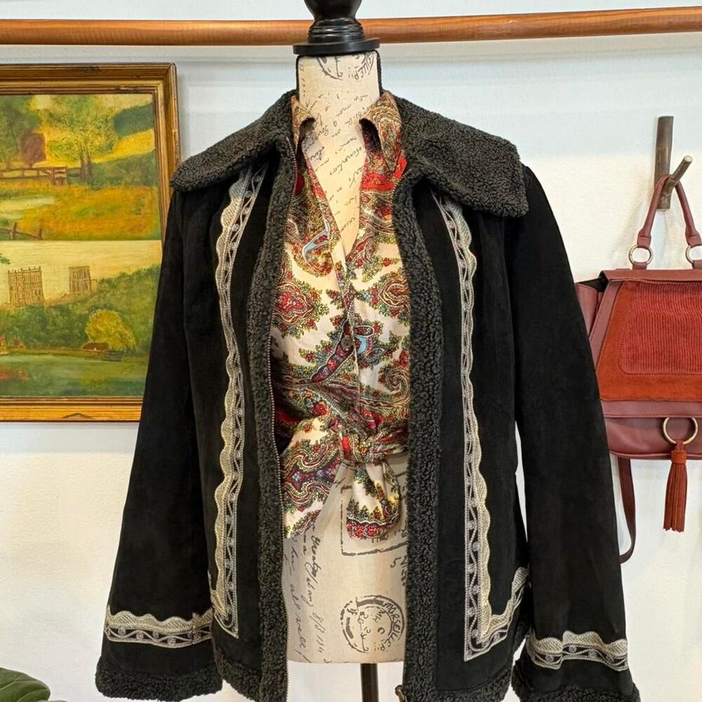 Vintage White Stag Black Leather Shearling Jacket Embroidered Western Boho Coat - Picture 1 of 7
